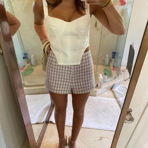 Zara Cotton Blend Purple White Micro Gingham Check High Waisted Mini Shorts